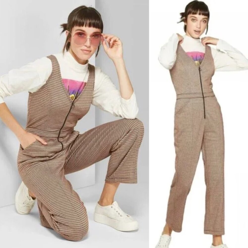 Wild Fable Plaid Sleeveless V-Neck Zip Front Jumpsuit In Brown Black Size Small
